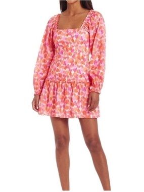 Amanda Uprichard Mini Babydoll Dress Small‎ Vibrant Orange Pink Long Sleeve Boho